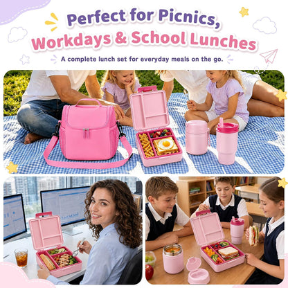 Bento Lunch Box for Kids with 17oz Soup Thermo,Insulated Tumbler Water Bottle and Insulated Lunch Bag,Leak-Proof 3 Compartment Lunch Food Container with Ice Pack for Kids to School-Pink