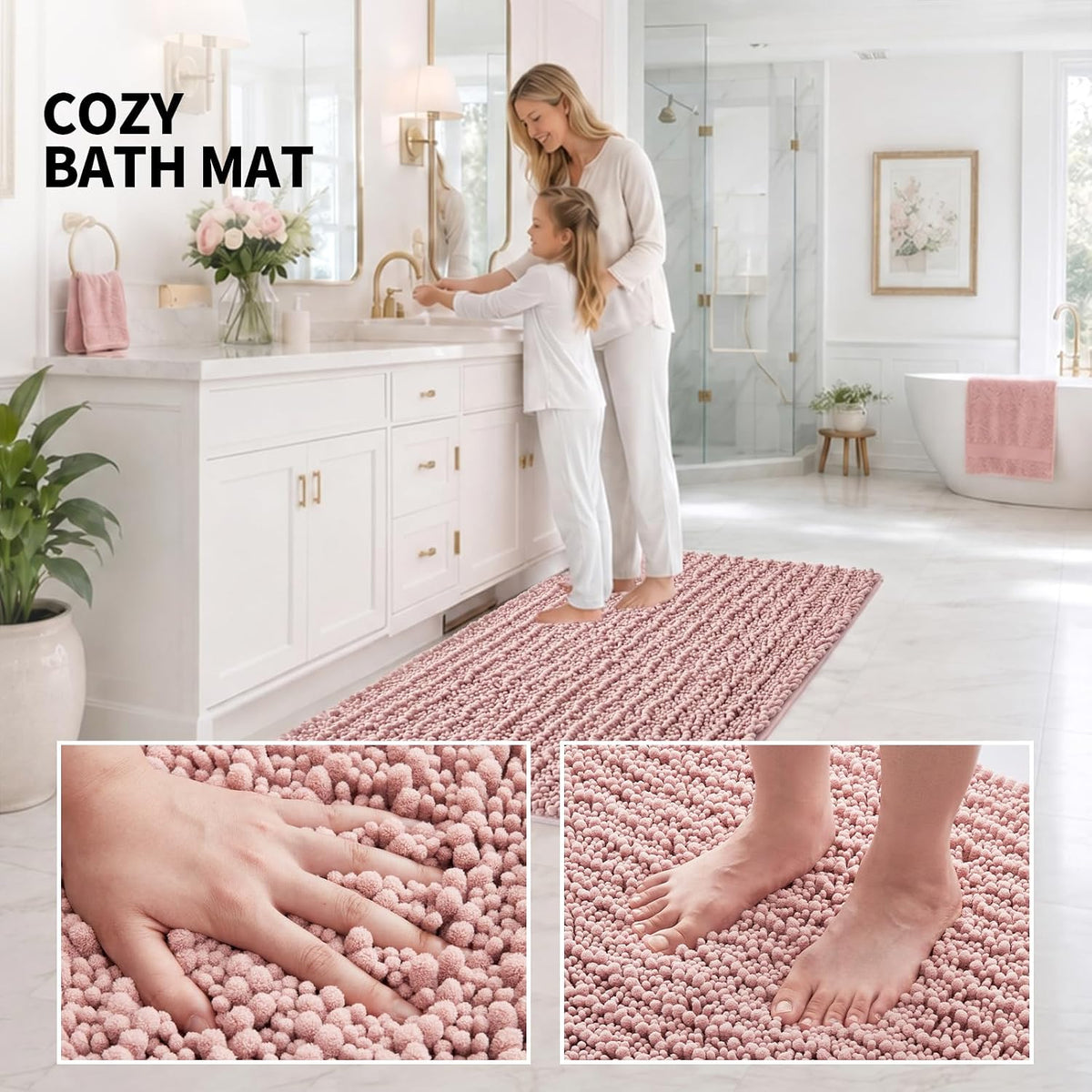 Bathroom Rugs Pink 24x17,Extra Soft Absorbent Chenille Bath Rugs