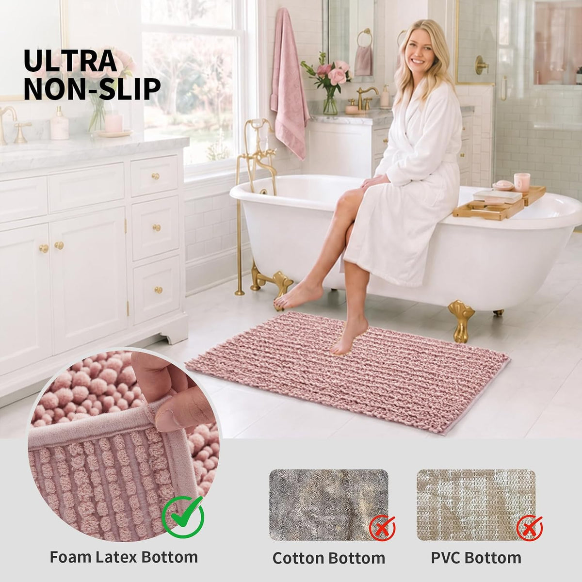 Bathroom Rugs Pink 24x17,Extra Soft Absorbent Chenille Bath Rugs