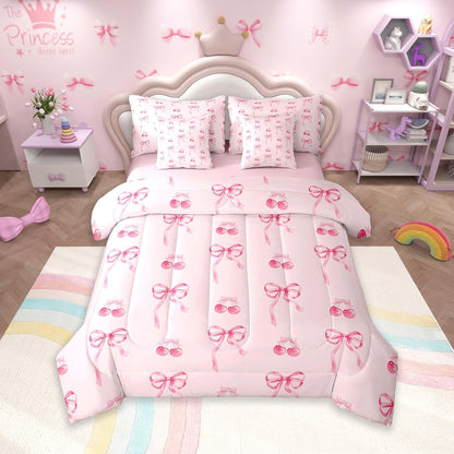 Fairy Bowknot Comforter Set 7 Pieces Twin Size Kids, Pink Cherry Fruit Bedding Set for Boys Girls, Romantic Bow Tie Bed in a Bag with Comforter, Sheets, Pillowcases & Cushion Covers