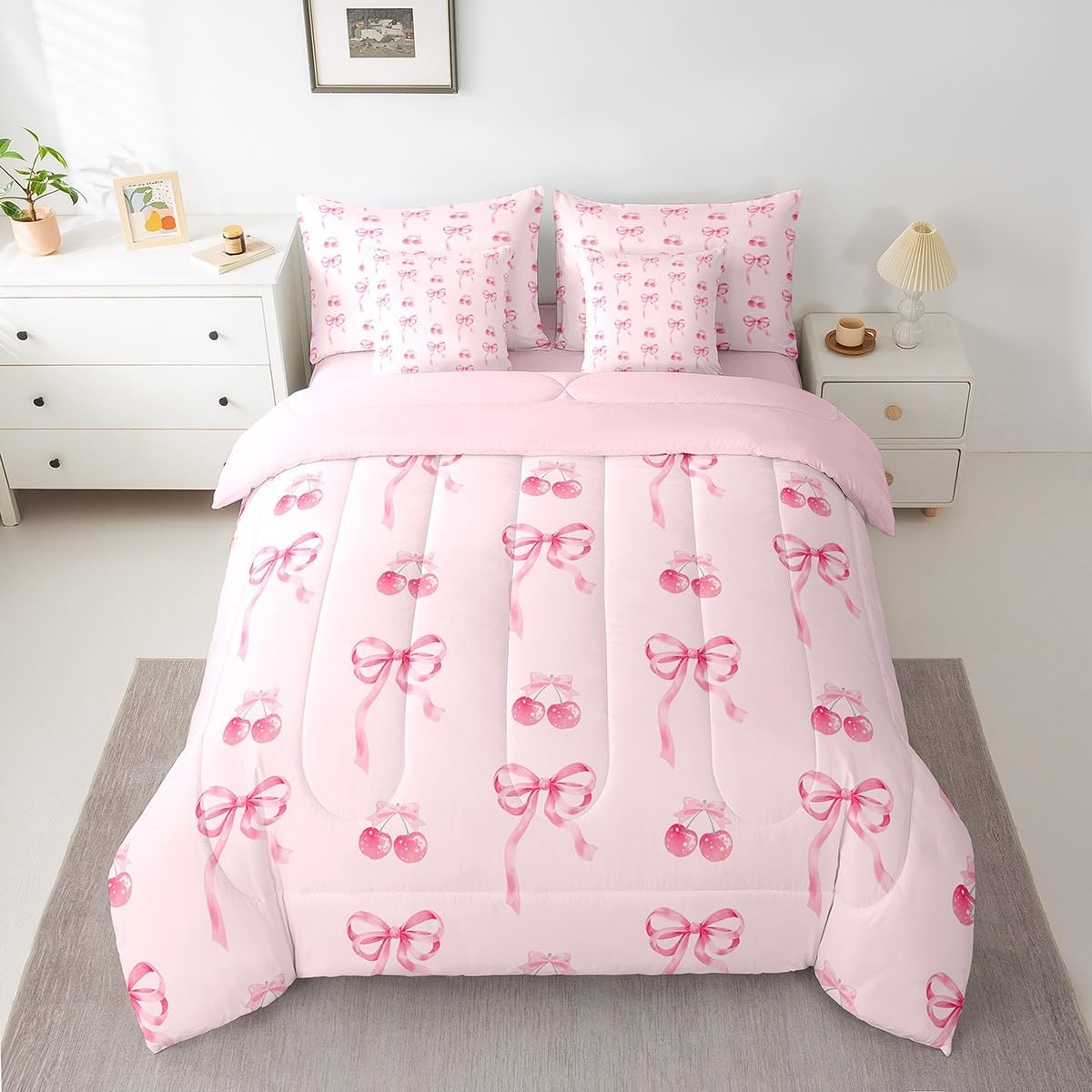 Fairy Bowknot Comforter Set 7 Pieces Twin Size Kids, Pink Cherry Fruit Bedding Set for Boys Girls, Romantic Bow Tie Bed in a Bag with Comforter, Sheets, Pillowcases & Cushion Covers