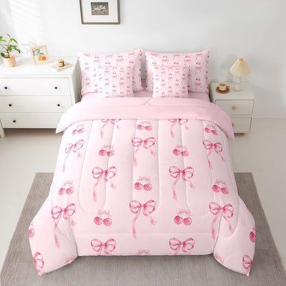 Fairy Bowknot Comforter Set 7 Pieces Twin Size Kids, Pink Cherry Fruit Bedding Set for Boys Girls, Romantic Bow Tie Bed in a Bag with Comforter, Sheets, Pillowcases & Cushion Covers