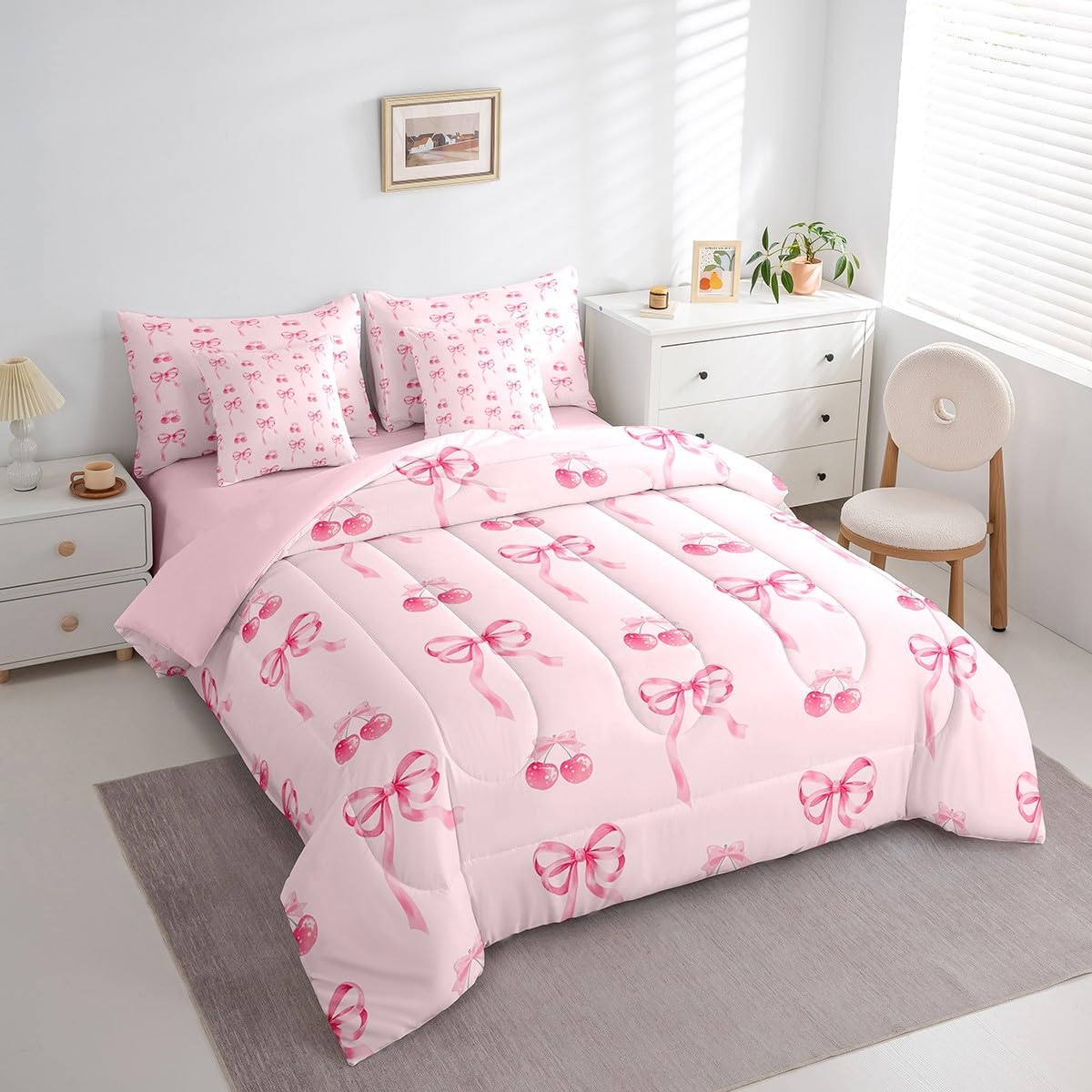 Fairy Bowknot Comforter Set 7 Pieces Twin Size Kids, Pink Cherry Fruit Bedding Set for Boys Girls, Romantic Bow Tie Bed in a Bag with Comforter, Sheets, Pillowcases & Cushion Covers