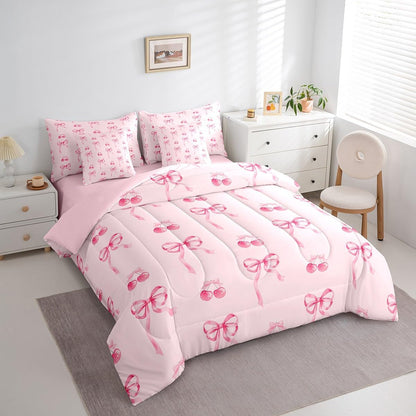 Fairy Bowknot Comforter Set 7 Pieces Twin Size Kids, Pink Cherry Fruit Bedding Set for Boys Girls, Romantic Bow Tie Bed in a Bag with Comforter, Sheets, Pillowcases & Cushion Covers