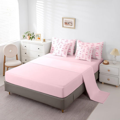 Fairy Bowknot Comforter Set 7 Pieces Twin Size Kids, Pink Cherry Fruit Bedding Set for Boys Girls, Romantic Bow Tie Bed in a Bag with Comforter, Sheets, Pillowcases & Cushion Covers