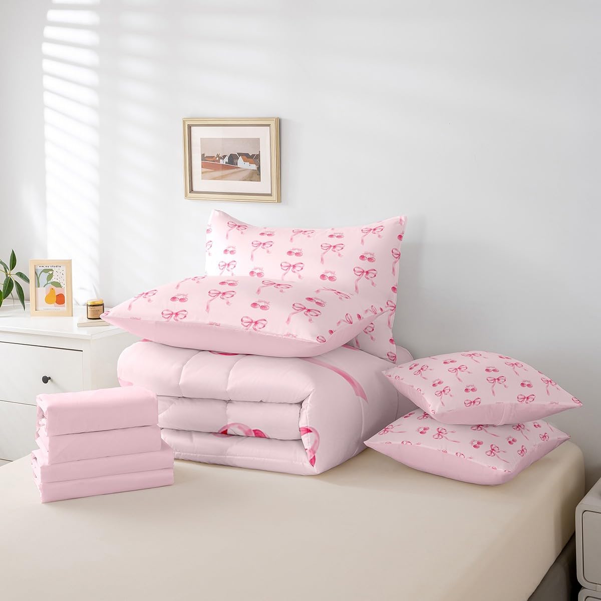 Fairy Bowknot Comforter Set 7 Pieces Twin Size Kids, Pink Cherry Fruit Bedding Set for Boys Girls, Romantic Bow Tie Bed in a Bag with Comforter, Sheets, Pillowcases & Cushion Covers