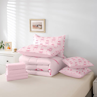 Fairy Bowknot Comforter Set 7 Pieces Twin Size Kids, Pink Cherry Fruit Bedding Set for Boys Girls, Romantic Bow Tie Bed in a Bag with Comforter, Sheets, Pillowcases & Cushion Covers