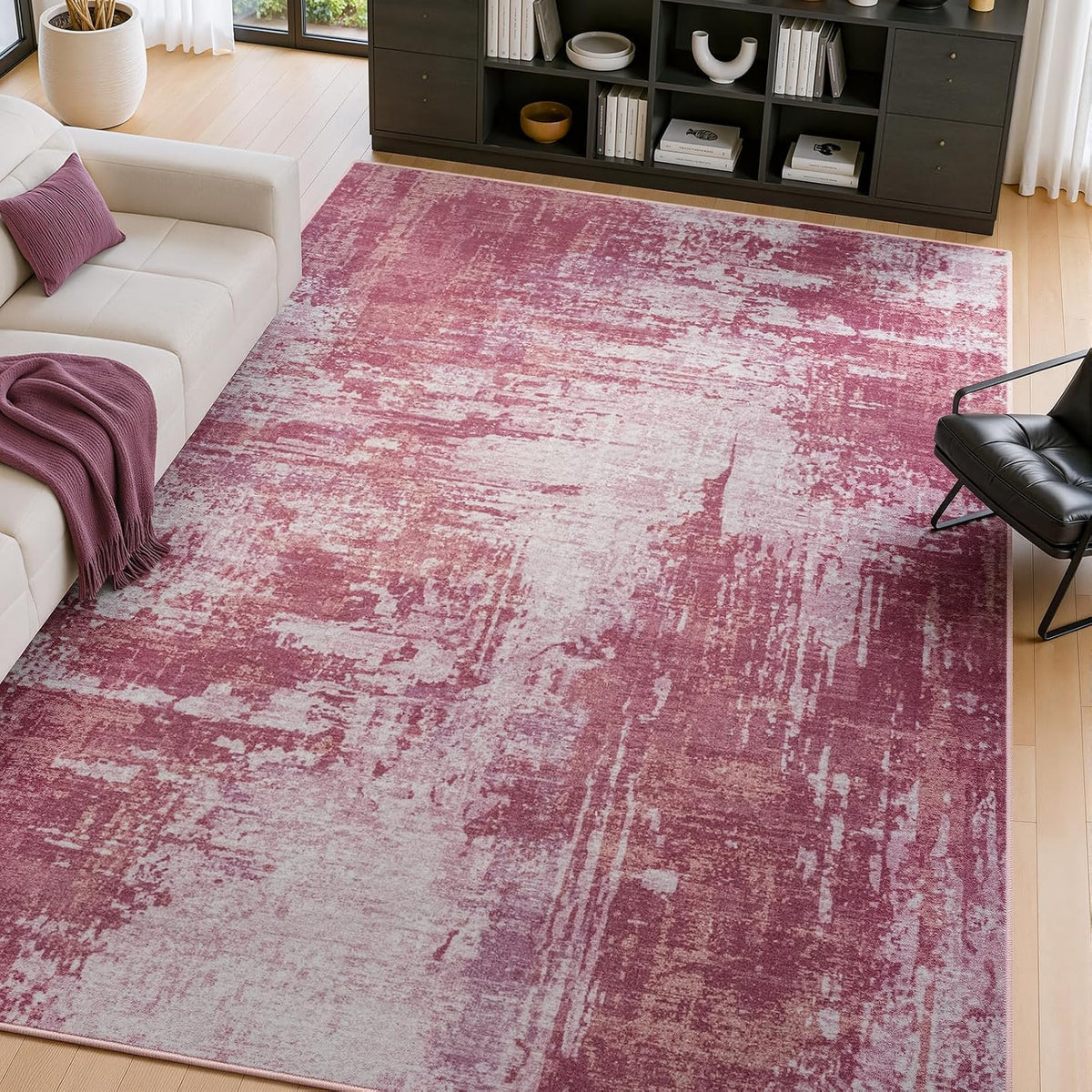 5x7 Pink Washable Area Rug Non-Slip Faux Wool Abstract Rug