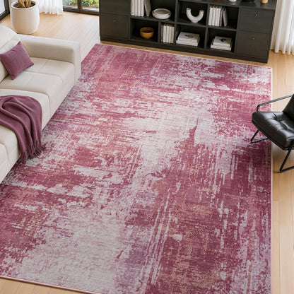 5x7 Pink Washable Area Rug Non-Slip Faux Wool Abstract Rug
