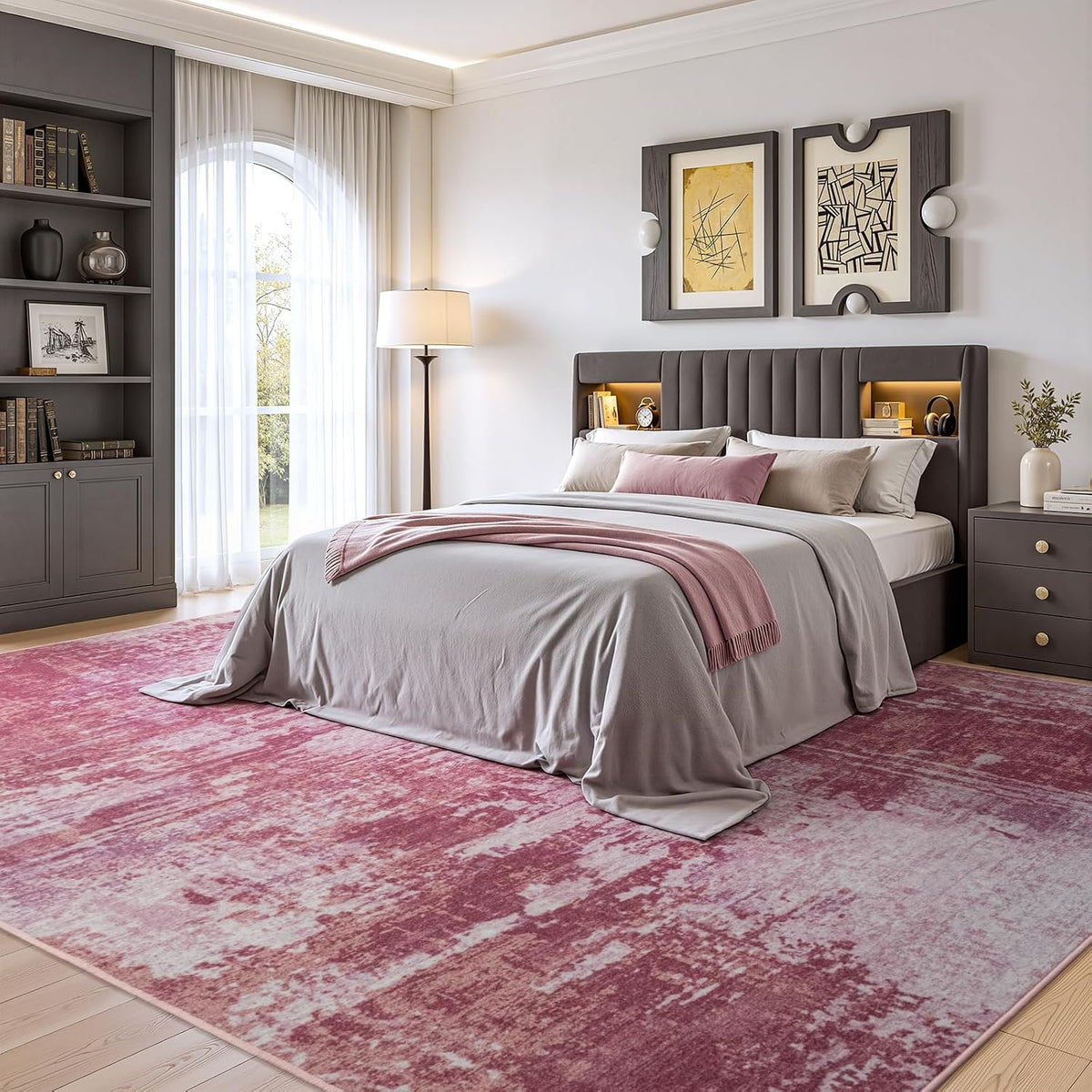 5x7 Pink Washable Area Rug Non-Slip Faux Wool Abstract Rug