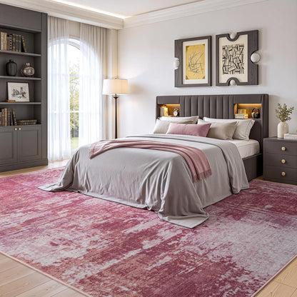 5x7 Pink Washable Area Rug Non-Slip Faux Wool Abstract Rug