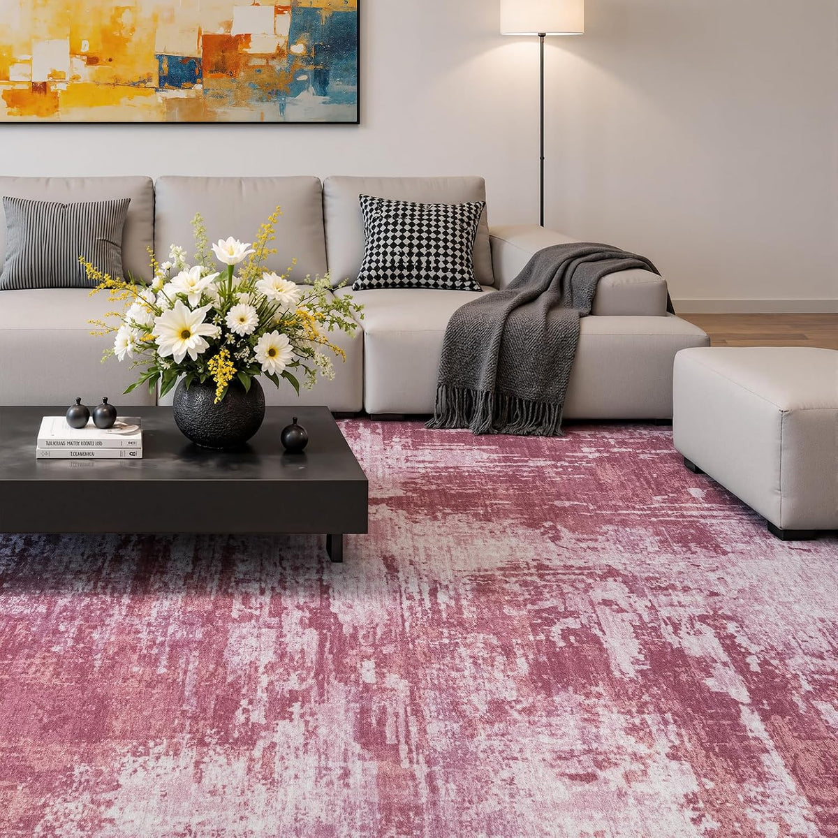 5x7 Pink Washable Area Rug Non-Slip Faux Wool Abstract Rug