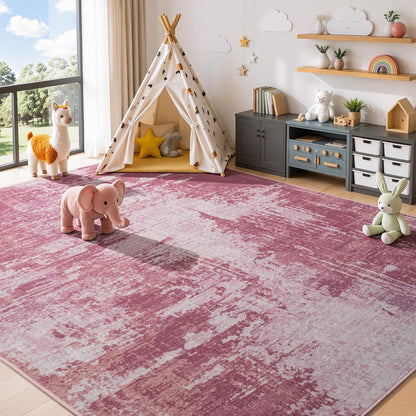 5x7 Pink Washable Area Rug Non-Slip Faux Wool Abstract Rug