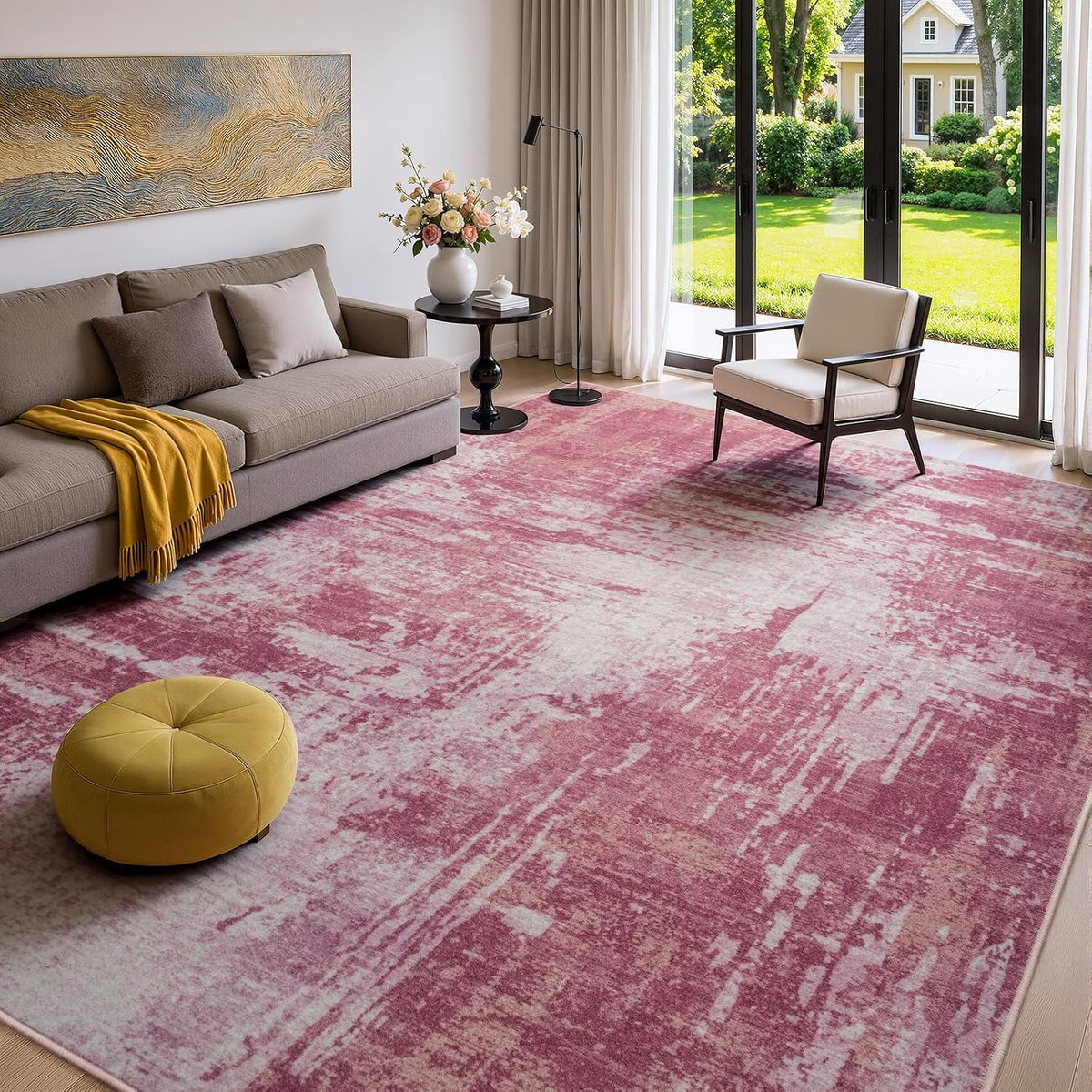 5x7 Pink Washable Area Rug Non-Slip Faux Wool Abstract Rug