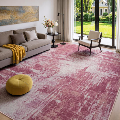 5x7 Pink Washable Area Rug Non-Slip Faux Wool Abstract Rug