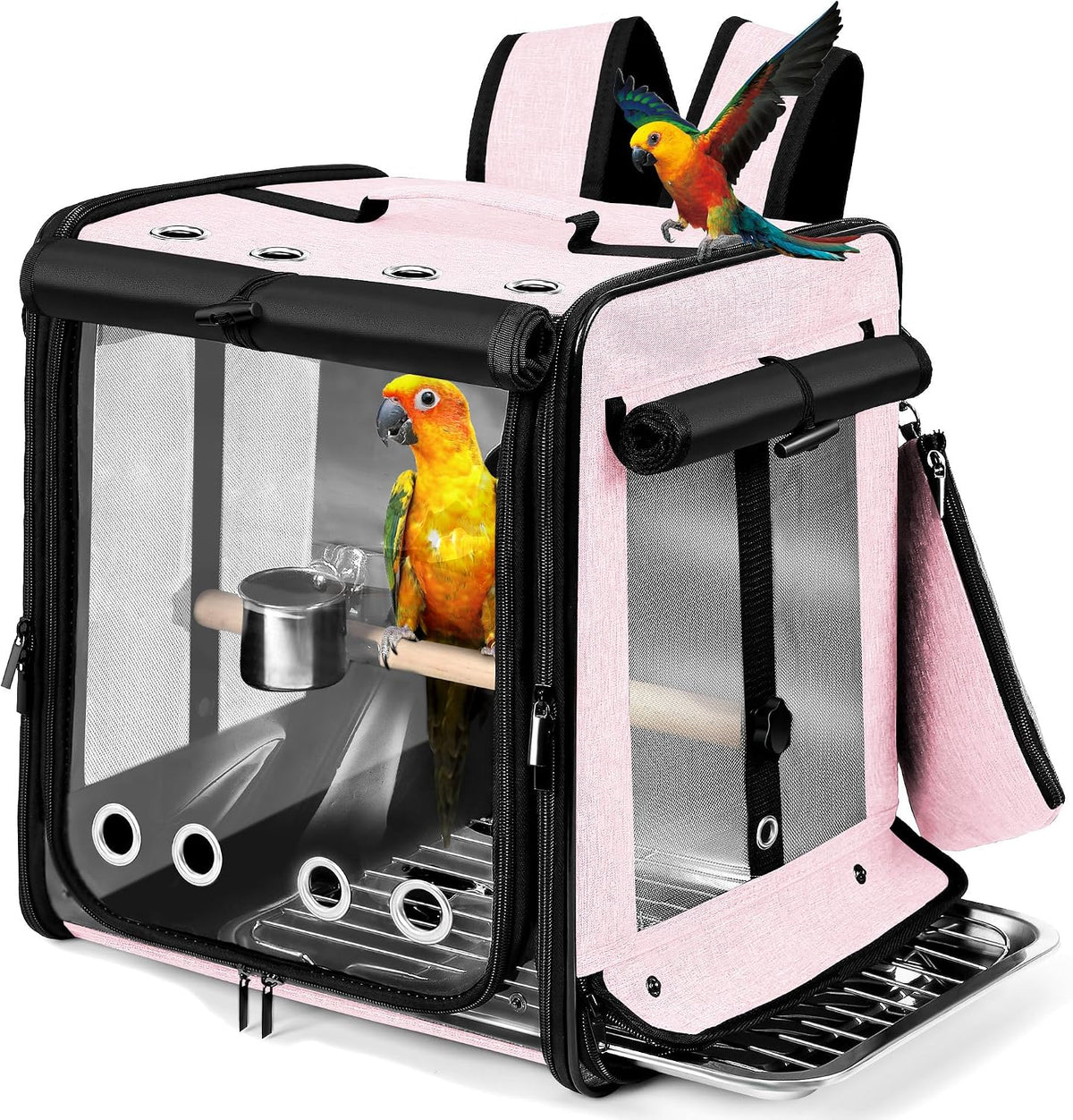 Bird Carrier with Seat Belt for Car Travel, Bird Backpack Carrier with Indestructible Stainless Steel Mesh, Large Bird Carrier Travel Cage, Pink