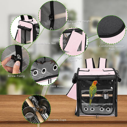 Bird Carrier with Seat Belt for Car Travel, Bird Backpack Carrier with Indestructible Stainless Steel Mesh, Large Bird Carrier Travel Cage, Pink