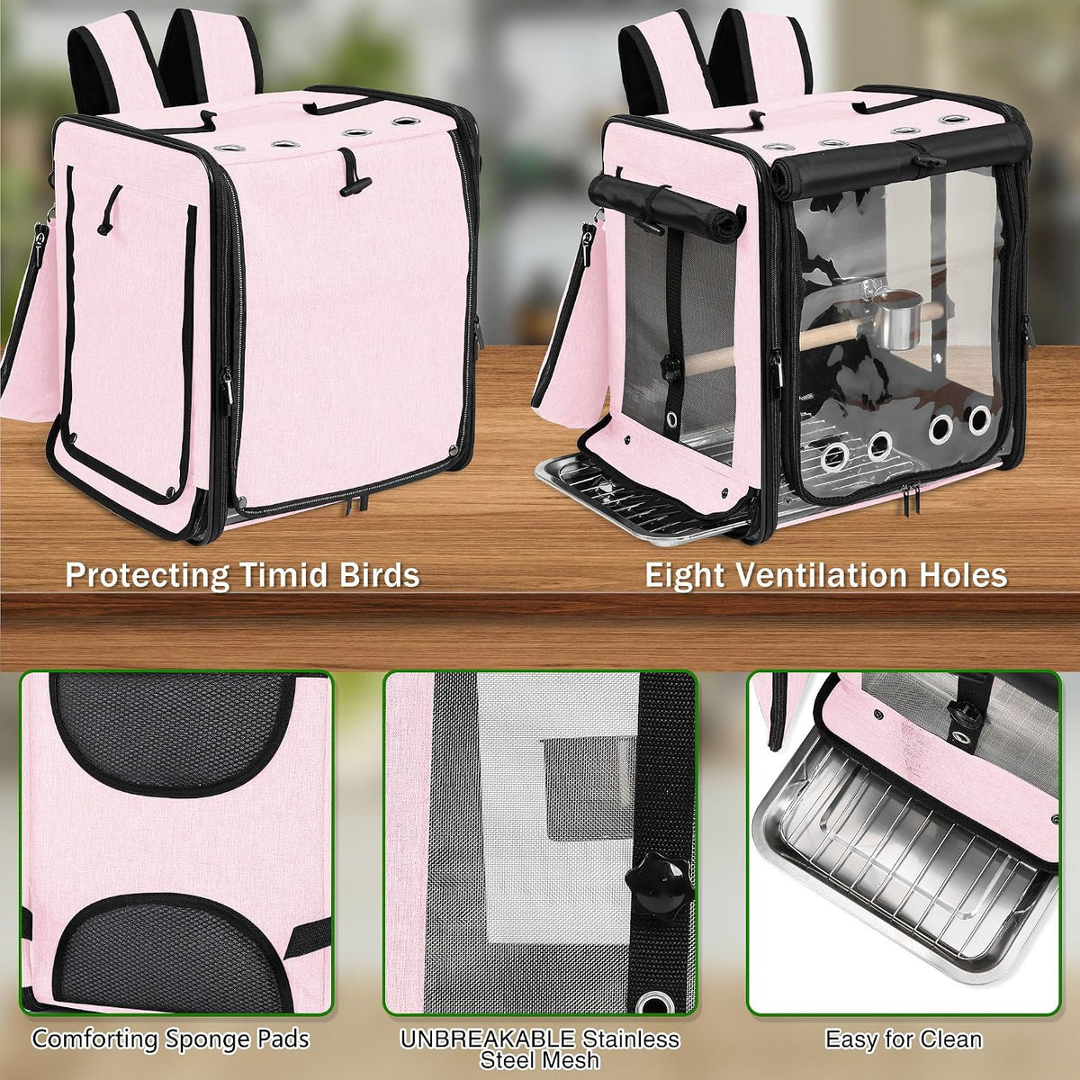 Bird Carrier with Seat Belt for Car Travel, Bird Backpack Carrier with Indestructible Stainless Steel Mesh, Large Bird Carrier Travel Cage, Pink