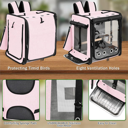 Bird Carrier with Seat Belt for Car Travel, Bird Backpack Carrier with Indestructible Stainless Steel Mesh, Large Bird Carrier Travel Cage, Pink