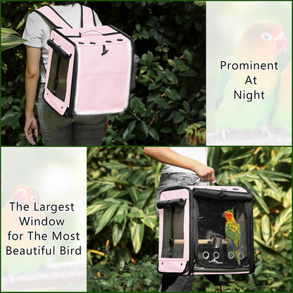 Bird Carrier with Seat Belt for Car Travel, Bird Backpack Carrier with Indestructible Stainless Steel Mesh, Large Bird Carrier Travel Cage, Pink