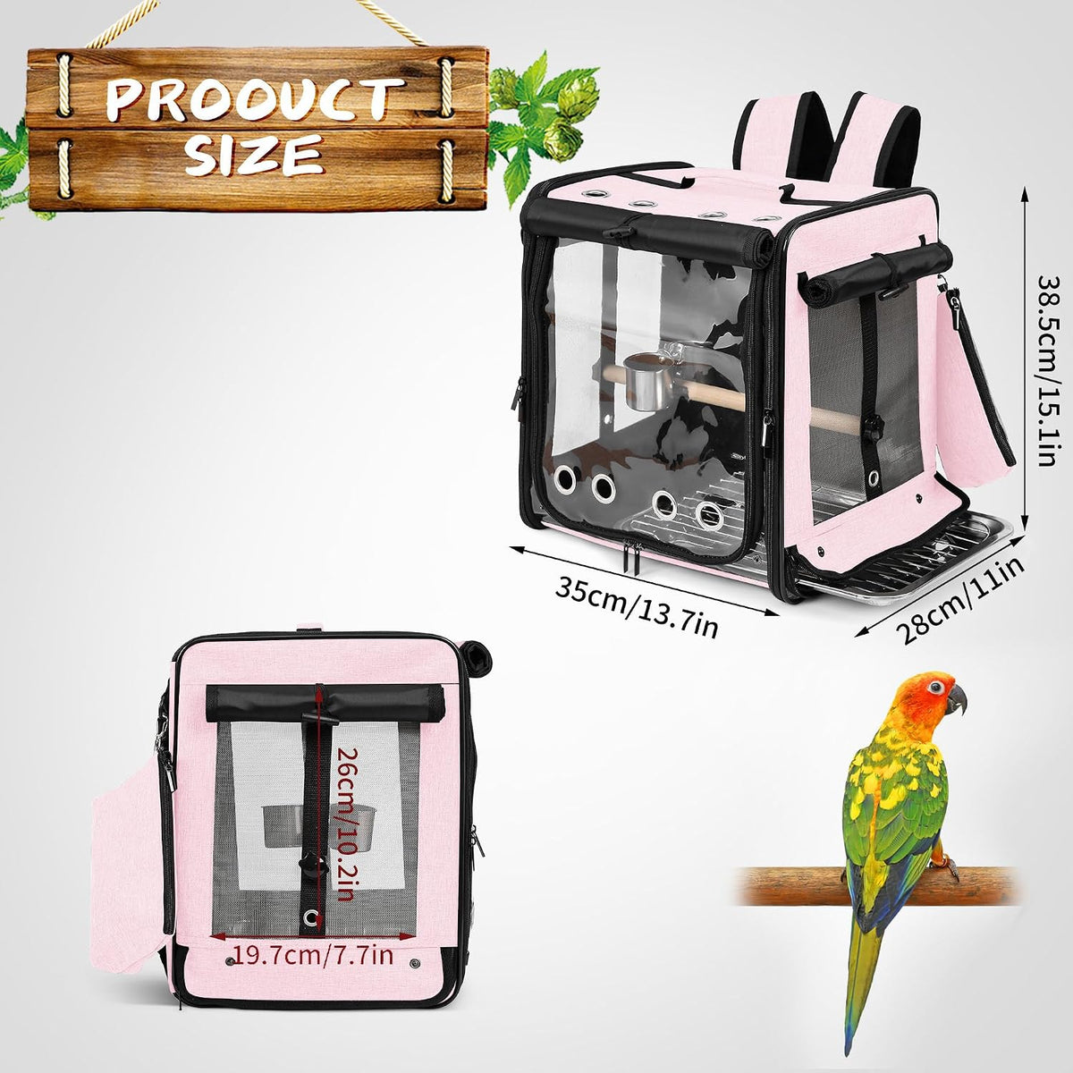 Bird Carrier with Seat Belt for Car Travel, Bird Backpack Carrier with Indestructible Stainless Steel Mesh, Large Bird Carrier Travel Cage, Pink