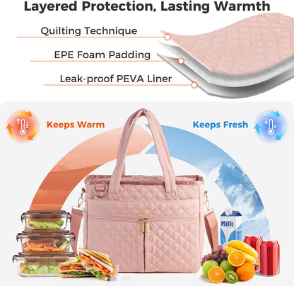 Large Lunch Box for Women, Insulated Lunch Bag for Work, Pink