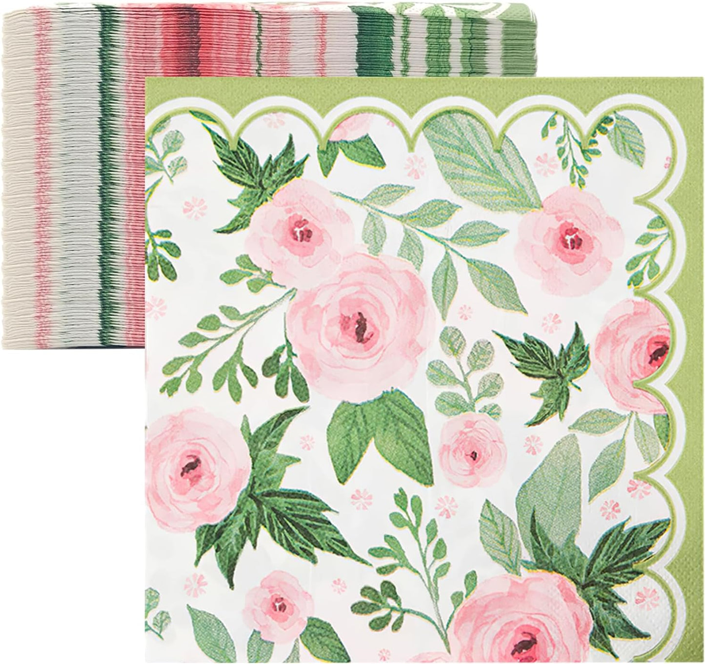 100 Pack Spring Floral Napkin Pink Rose Flower Scalloped Paper Napkin Disposable Party Dinner Napkin for Home Party Wedding Baby Shower Table Decor Party Supplies