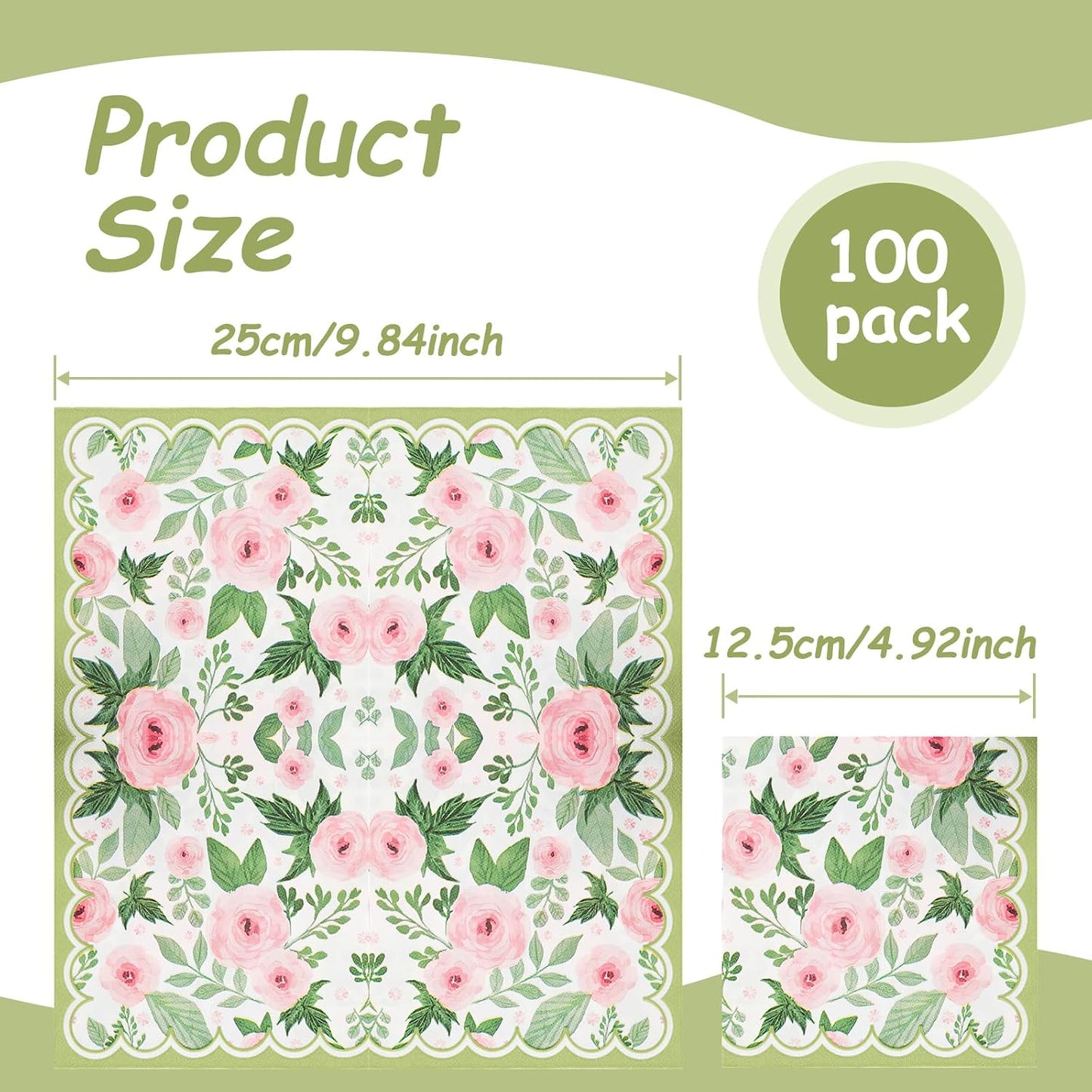100 Pack Spring Floral Napkin Pink Rose Flower Scalloped Paper Napkin Disposable Party Dinner Napkin for Home Party Wedding Baby Shower Table Decor Party Supplies