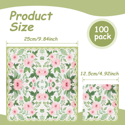 100 Pack Spring Floral Napkin Pink Rose Flower Scalloped Paper Napkin Disposable Party Dinner Napkin for Home Party Wedding Baby Shower Table Decor Party Supplies