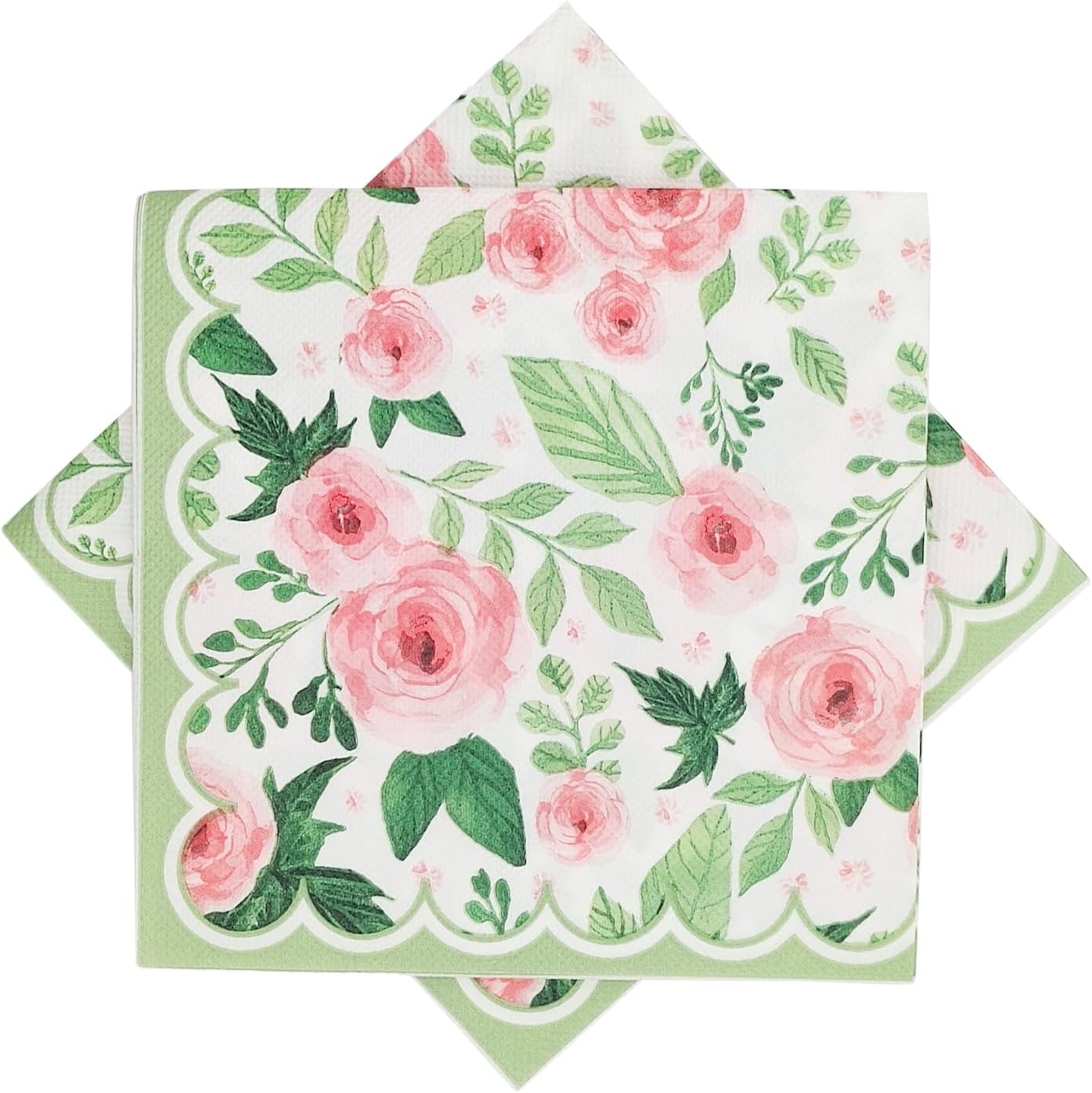 100 Pack Spring Floral Napkin Pink Rose Flower Scalloped Paper Napkin Disposable Party Dinner Napkin for Home Party Wedding Baby Shower Table Decor Party Supplies