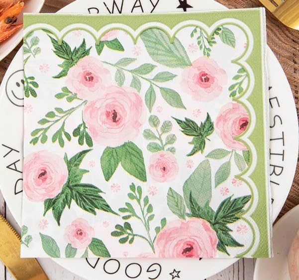 100 Pack Spring Floral Napkin Pink Rose Flower Scalloped Paper Napkin Disposable Party Dinner Napkin for Home Party Wedding Baby Shower Table Decor Party Supplies