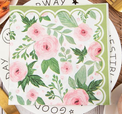 100 Pack Spring Floral Napkin Pink Rose Flower Scalloped Paper Napkin Disposable Party Dinner Napkin for Home Party Wedding Baby Shower Table Decor Party Supplies