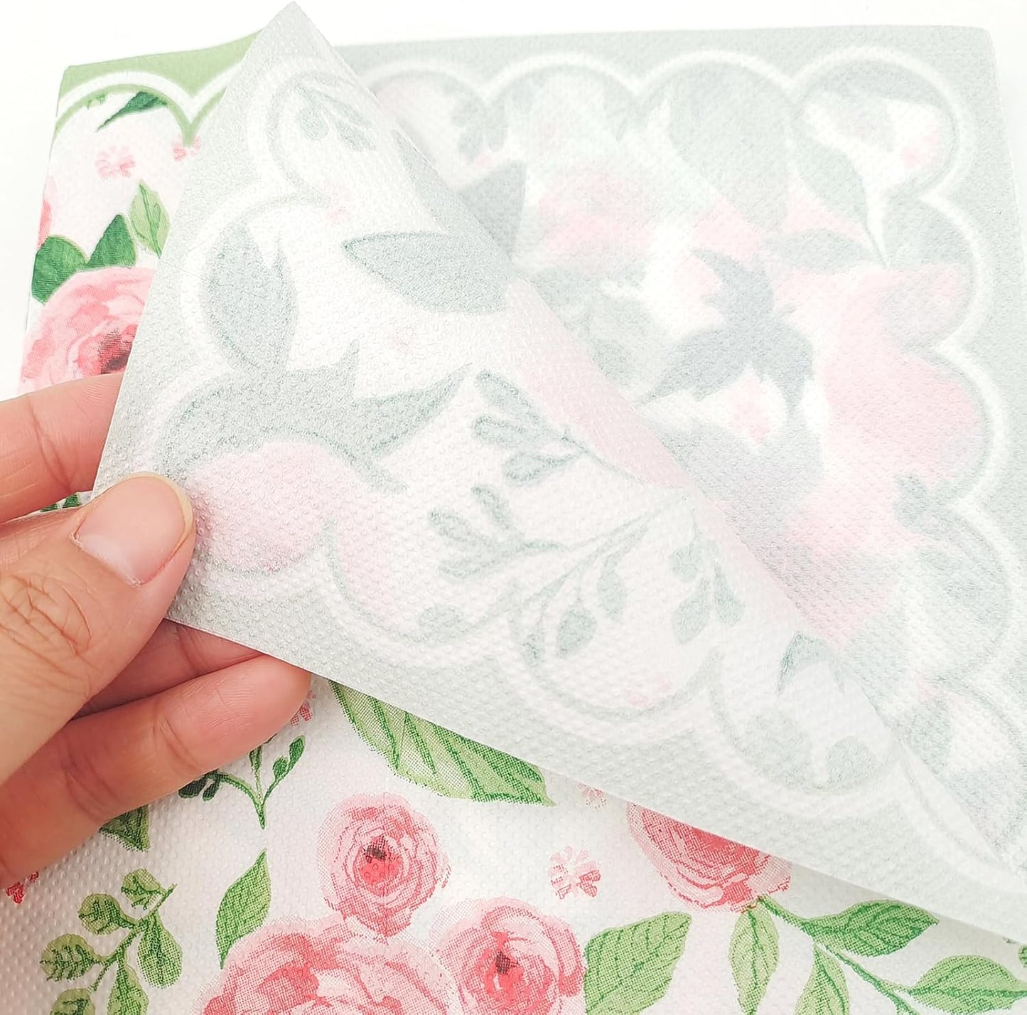 100 Pack Spring Floral Napkin Pink Rose Flower Scalloped Paper Napkin Disposable Party Dinner Napkin for Home Party Wedding Baby Shower Table Decor Party Supplies