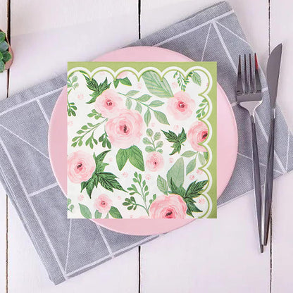 100 Pack Spring Floral Napkin Pink Rose Flower Scalloped Paper Napkin Disposable Party Dinner Napkin for Home Party Wedding Baby Shower Table Decor Party Supplies