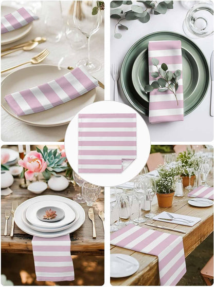 Cloth Napkins Set of 4pcs, Modern Striped Lines Dinner Napkins Cloth Washable Reusable Napkin for Wedding Holiday Party Dinner Table Decor Pink and White
