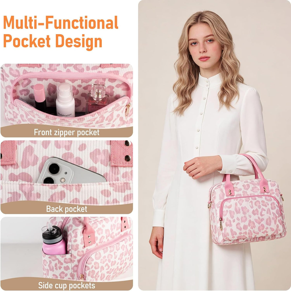 Lunch Bag Large Insulated Lunch Box for Women Adult Cute Pink Leopard Lunchbox Corduroy Lunch Bags Boxes Pail with Shoulder Strap for Work Mom Picnic Office Travel 11.4×6.8×9.1 inches 11.5L