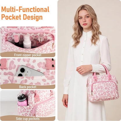 Lunch Bag Large Insulated Lunch Box for Women Adult Cute Pink Leopard Lunchbox Corduroy Lunch Bags Boxes Pail with Shoulder Strap for Work Mom Picnic Office Travel 11.4×6.8×9.1 inches 11.5L