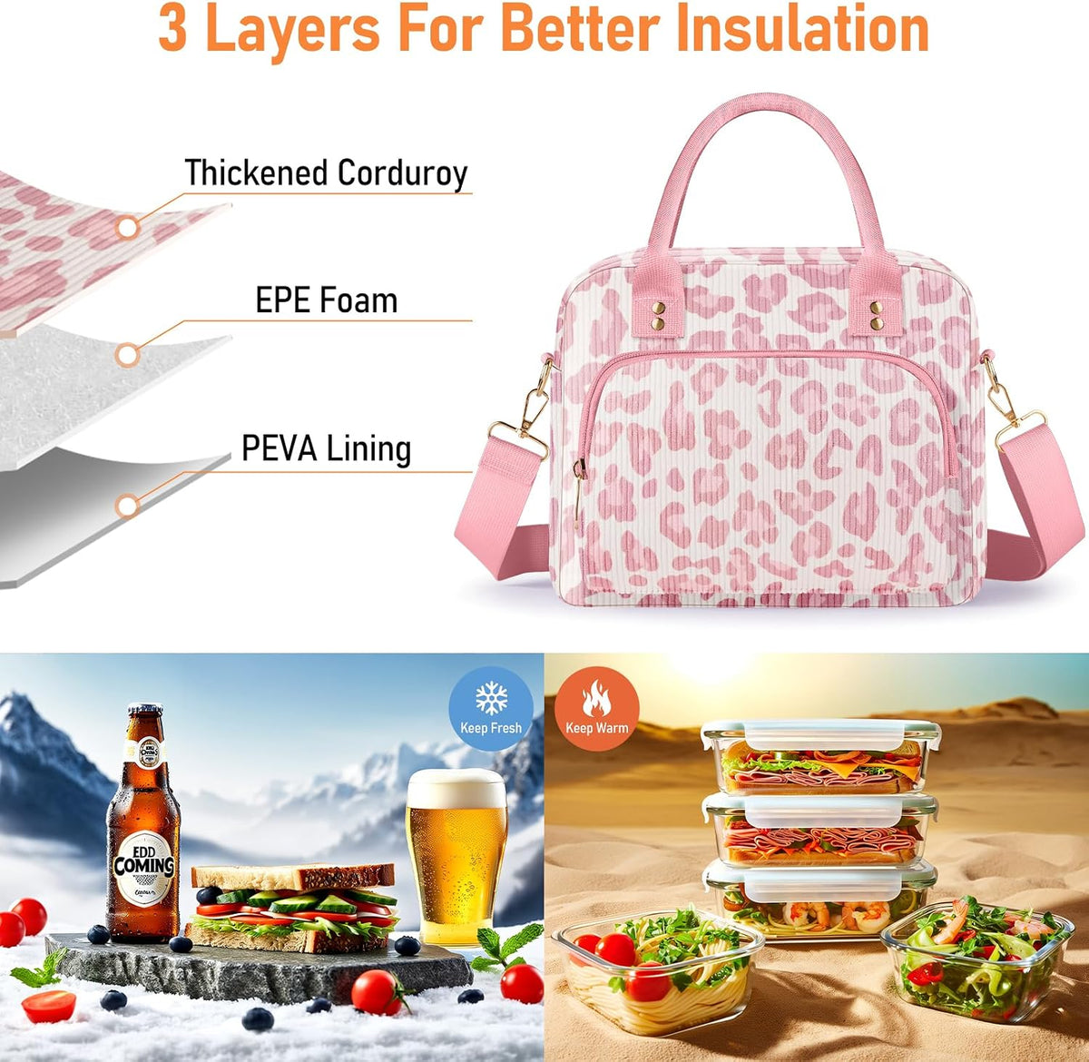 Lunch Bag Large Insulated Lunch Box for Women Adult Cute Pink Leopard Lunchbox Corduroy Lunch Bags Boxes Pail with Shoulder Strap for Work Mom Picnic Office Travel 11.4×6.8×9.1 inches 11.5L