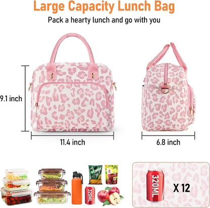 Lunch Bag Large Insulated Lunch Box for Women Adult Cute Pink Leopard Lunchbox Corduroy Lunch Bags Boxes Pail with Shoulder Strap for Work Mom Picnic Office Travel 11.4×6.8×9.1 inches 11.5L