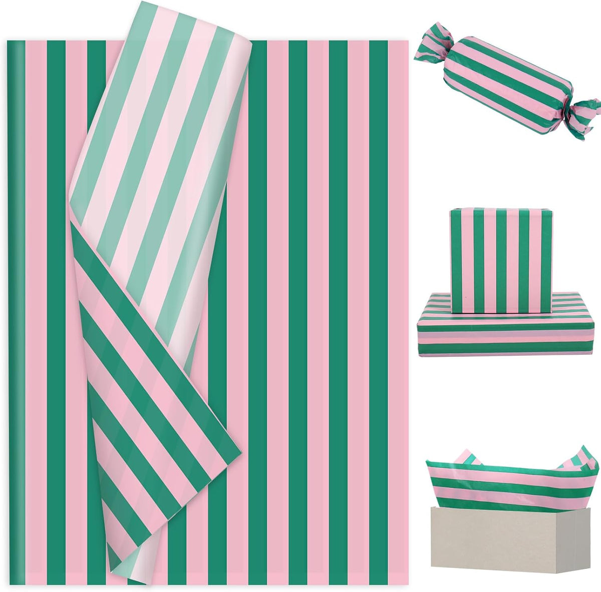 100 Sheets Stripe Gift Wrapping Paper Pink Green Stripe Decorative Art Tissue for DIY Crafts Holiday Wedding Baby Shower Birthday Party, 14 x 20 Inch
