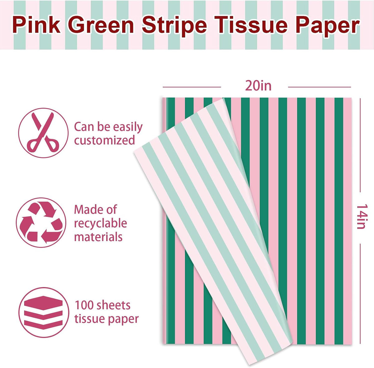 100 Sheets Stripe Gift Wrapping Paper Pink Green Stripe Decorative Art Tissue for DIY Crafts Holiday Wedding Baby Shower Birthday Party, 14 x 20 Inch