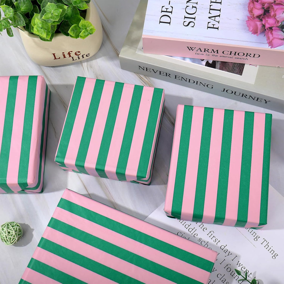100 Sheets Stripe Gift Wrapping Paper Pink Green Stripe Decorative Art Tissue for DIY Crafts Holiday Wedding Baby Shower Birthday Party, 14 x 20 Inch