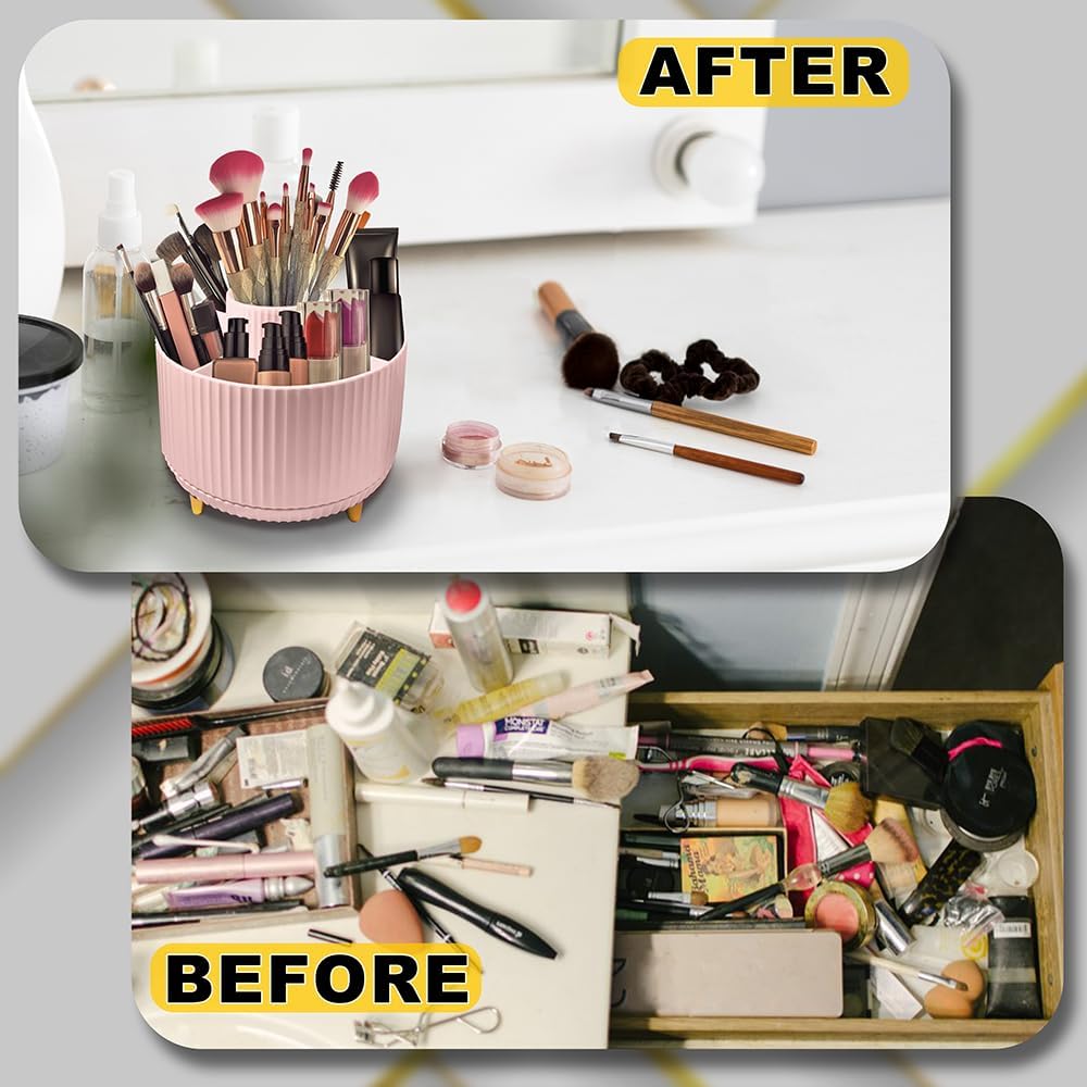 Makeup Brush Organiser - Large Compartment Cosmetic Organizer -Eyeliner, Nail Polish, Art Supply, Bathroom Vanity Desktop Organizer (Pink)