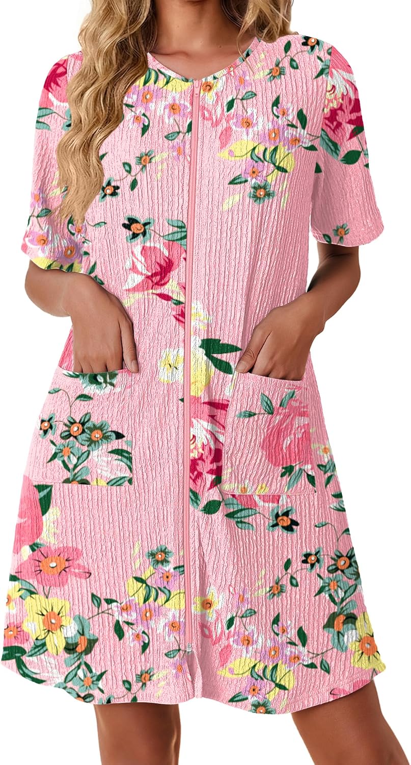 Zip Up Robes for Women Short Knit Bathrobe with Pockets
