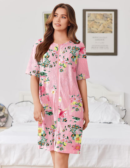 Zip Up Robes for Women Short Knit Bathrobe with Pockets