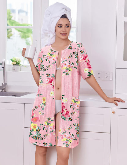 Zip Up Robes for Women Short Knit Bathrobe with Pockets