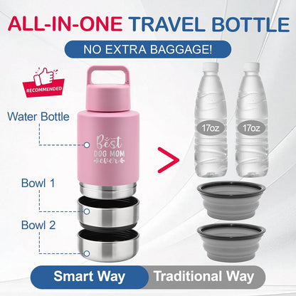 KEWIXY Insulated Dog Travel Water Bottle With Detachable Bowls, Ideal Dog Mom Gifts for Women, Portable Water Bottle Dispenser, For Walking, Hiking, Camping, Outdoor (Pink:Best Dog Mom, 32 Oz)