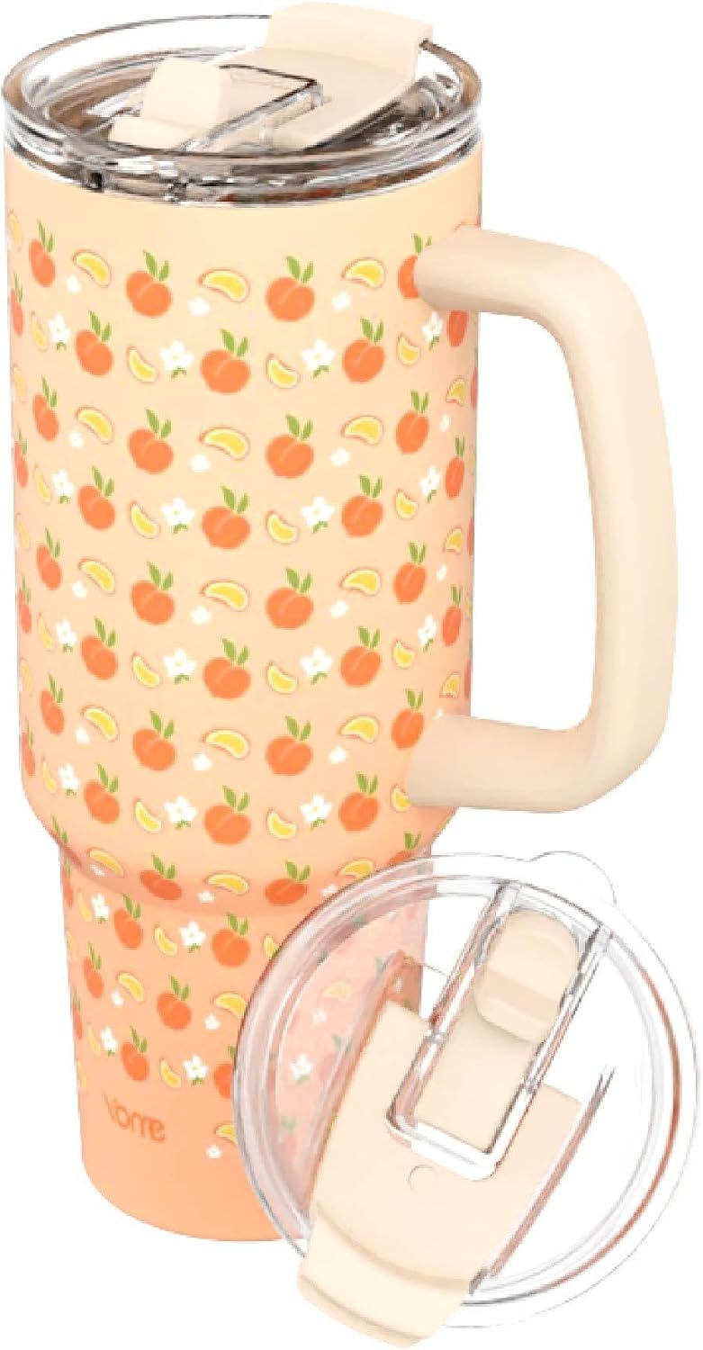YOME 40 oz Summer Peach Tumbler with Handle and Flip Straw for Women | Stainless Steel Insulated Water Bottle | Keeps Drinks Cold | Dishwasher Safe | Cupholder Friendly | Gift Gym Travel Yoga