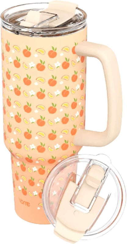 YOME 40 oz Summer Peach Tumbler with Handle and Flip Straw for Women | Stainless Steel Insulated Water Bottle | Keeps Drinks Cold | Dishwasher Safe | Cupholder Friendly | Gift Gym Travel Yoga
