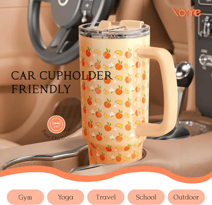 YOME 40 oz Summer Peach Tumbler with Handle and Flip Straw for Women | Stainless Steel Insulated Water Bottle | Keeps Drinks Cold | Dishwasher Safe | Cupholder Friendly | Gift Gym Travel Yoga